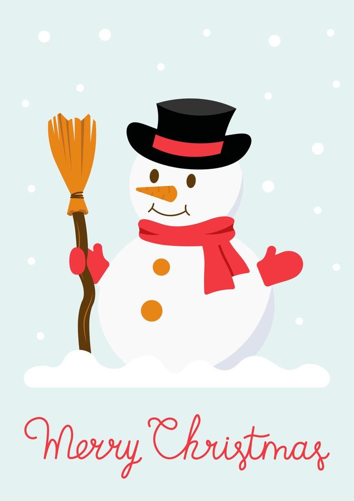 concepto de postal de Navidad con ilustración de vector de muñeco de nieve feliz en estilo plano