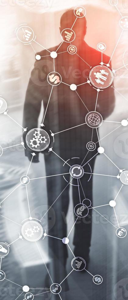 Vertical Panorama Banner. Business process structure industrial workflow diagram automation innovation concept on virtual screen mixed media photo