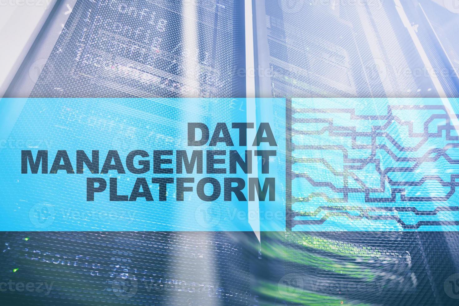 Data management and analysis platform concept on server room background photo