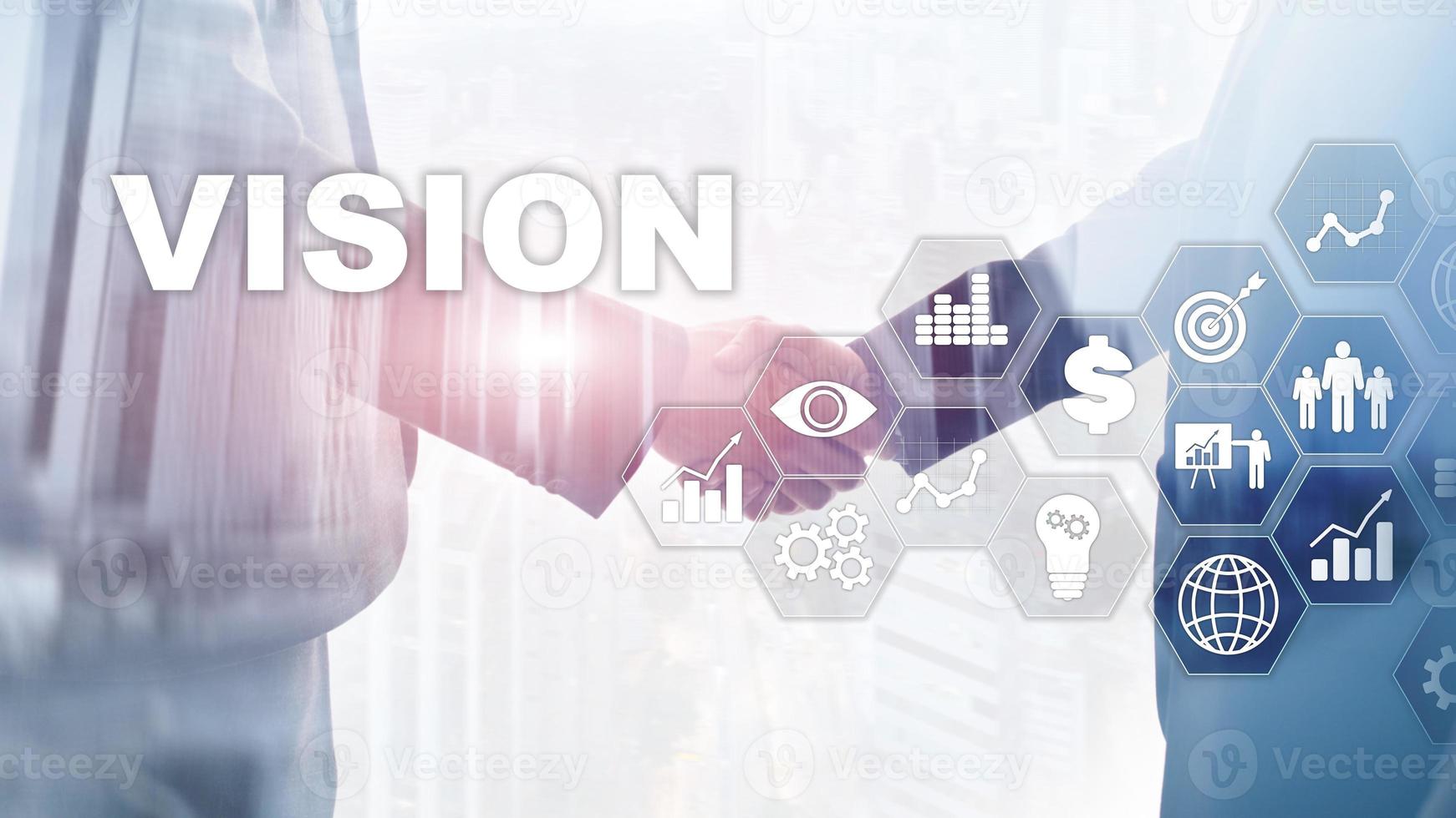 Vision concept. Business people and modern city on background. Virtual screen mixed media. photo