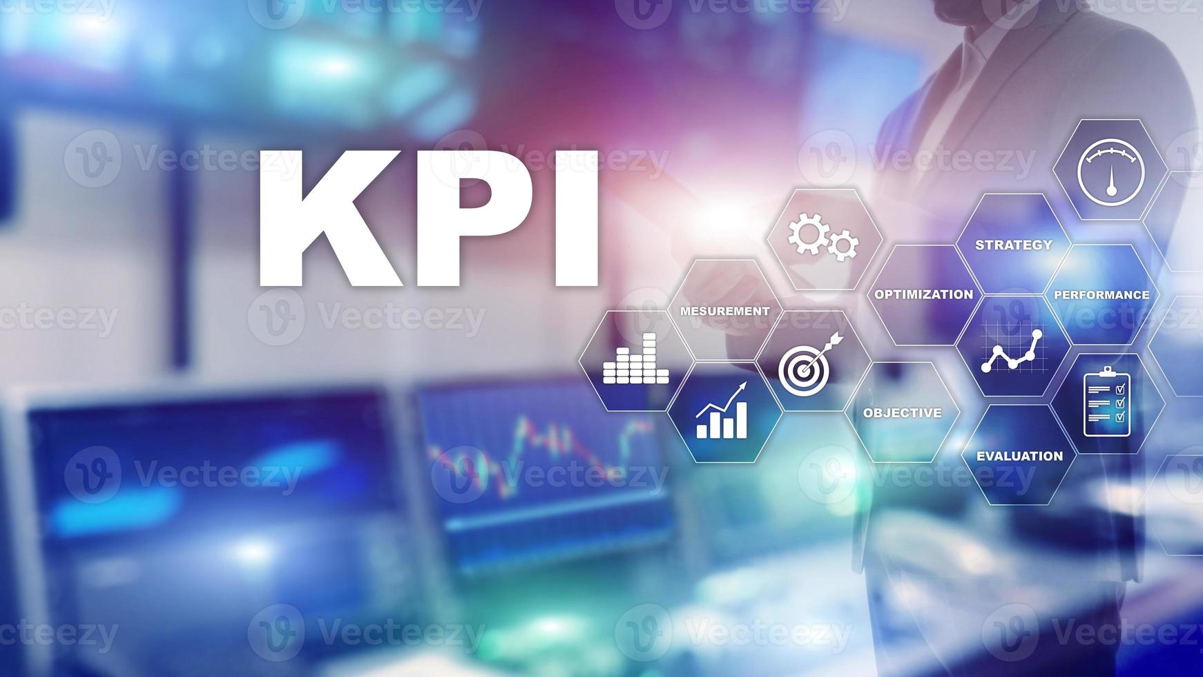 KPI - Key Performance Indicator. Business and technology concept. Multiple exposure, mixed media. Financial concept on blurred background. photo