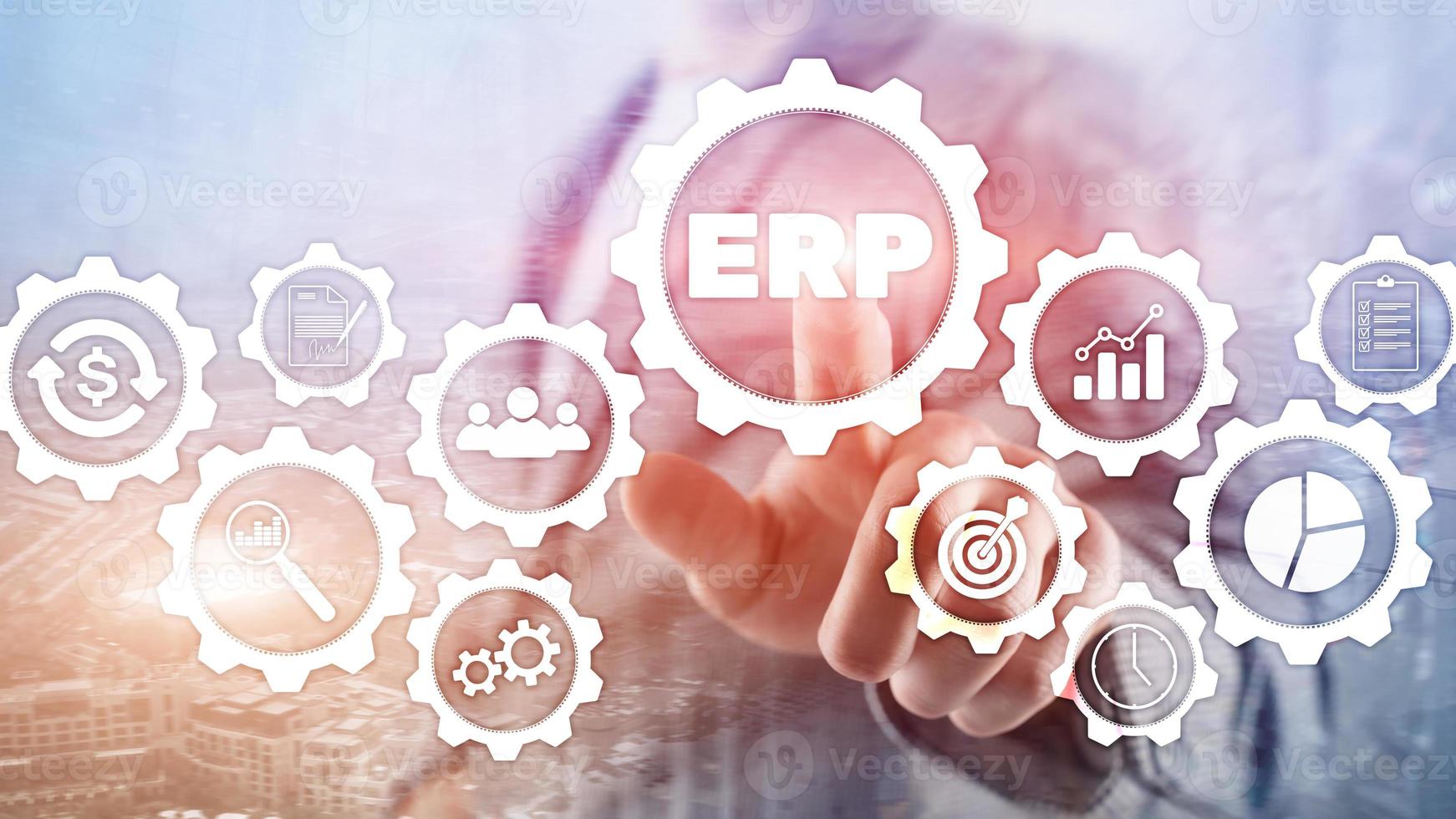 sistema erp, planificación de recursos empresariales en un fondo borroso. concepto de innovación y automatización empresarial foto