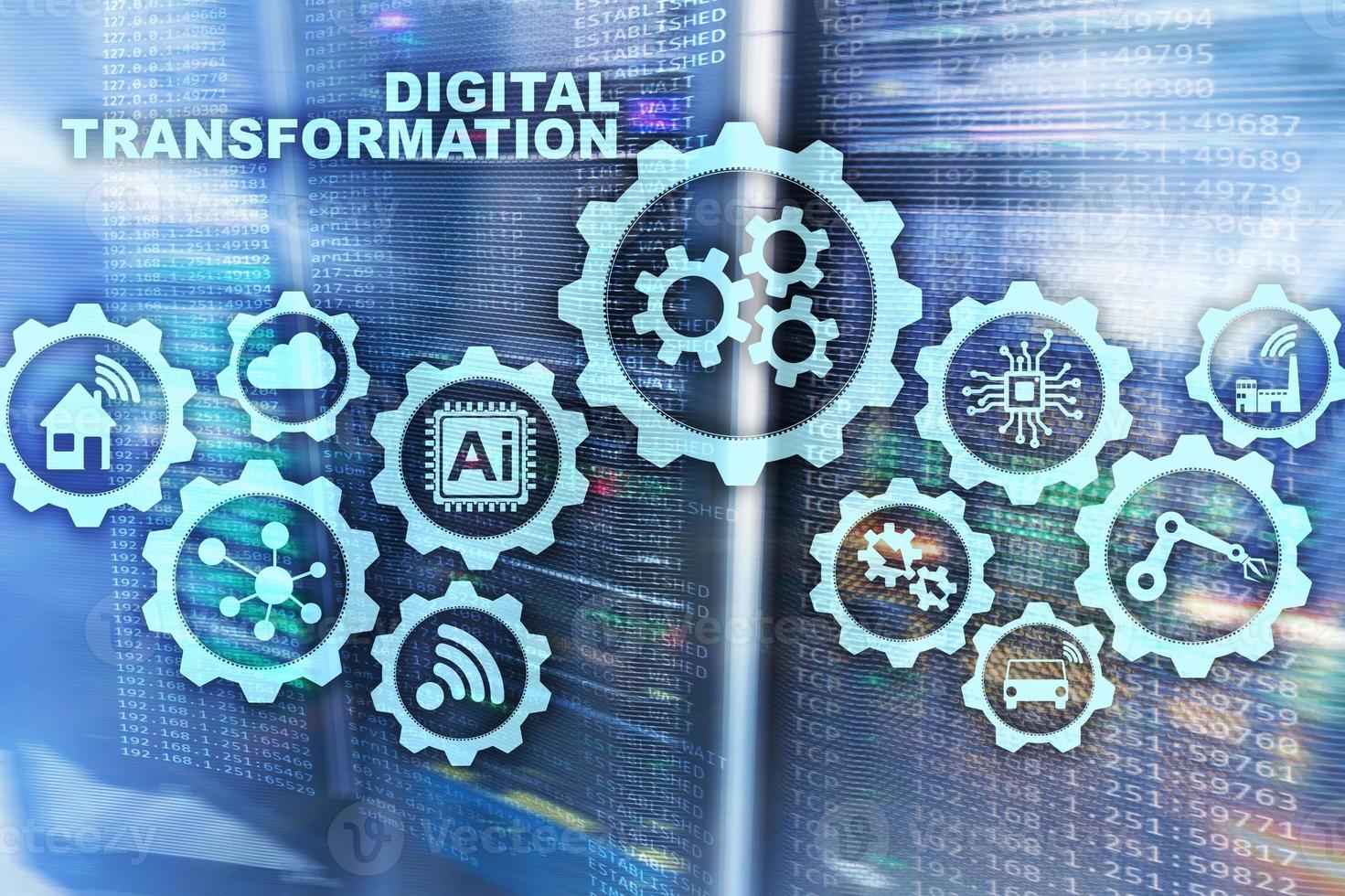 Digital Transformation Concept of digitalization of technology business processes. Datacenter background. photo