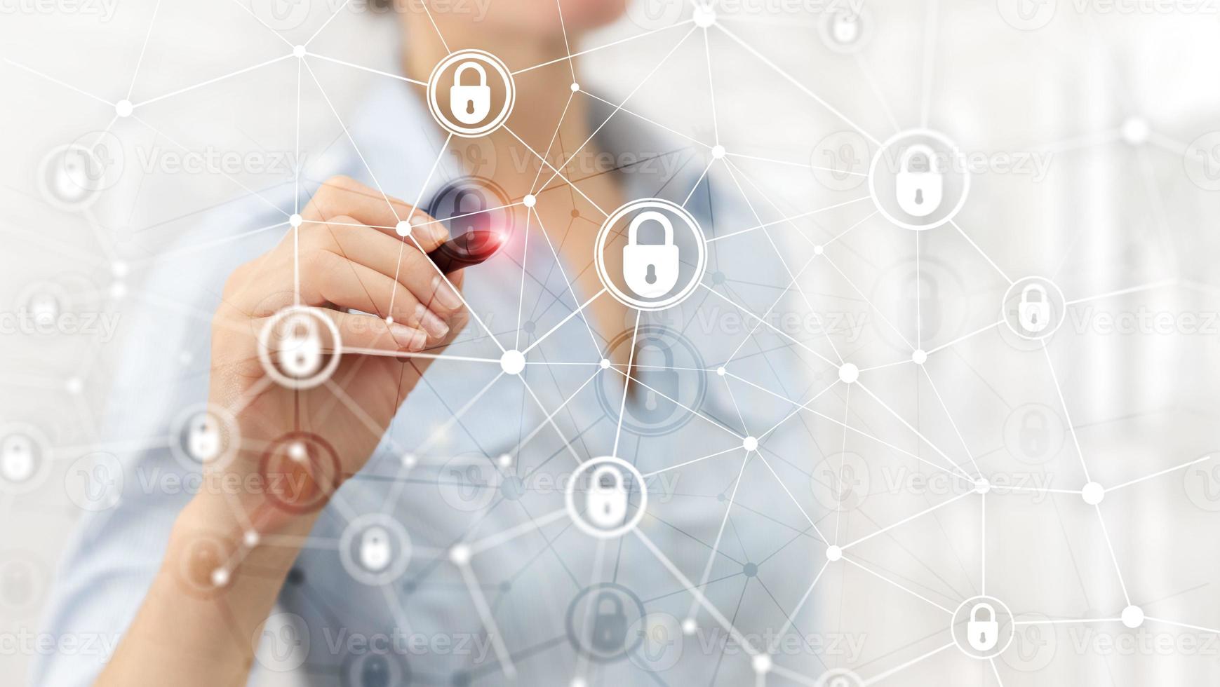 Cyber security, information privacy, data protection concept on modern server room background. Internet and digital technology concept photo
