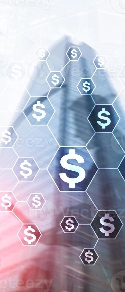Vertical Panorama Banner. Dollars icons, money network structure. ICO, trading and investment. Crowdfunding. photo