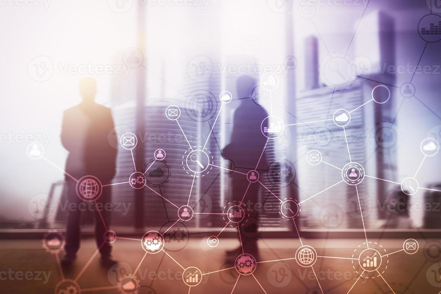Double exposure Business organization structure on blurred background. photo
