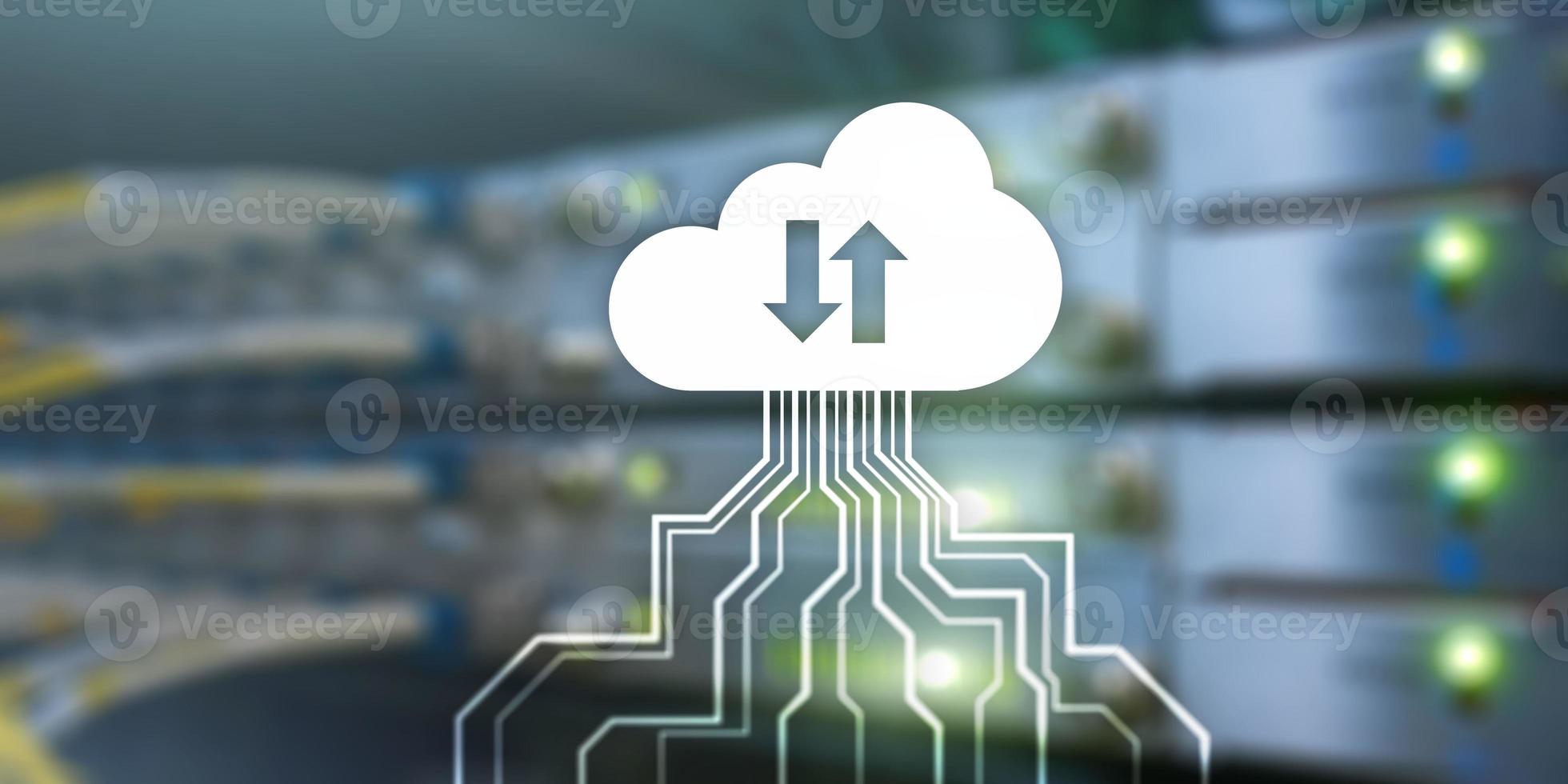 Technology Banner. Cloud Networking Data Storage Internet Concept on blurred server room photo