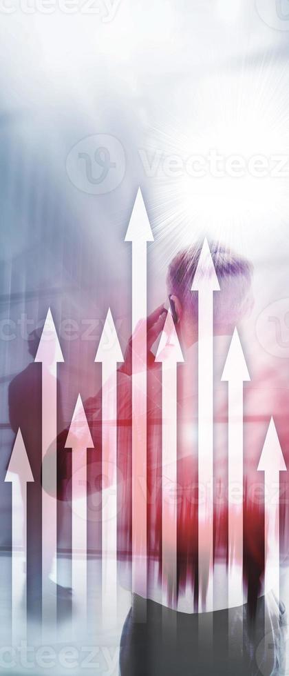 Vertical Panorama Banner. Up arrow graph on skyscraper background. Invesment and financial growth concept. photo