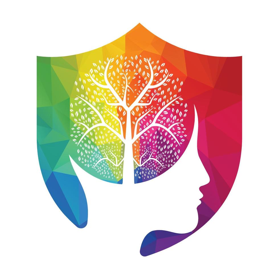 Female head with brain tree logo concept. Organic brain tree mind concept design. vector