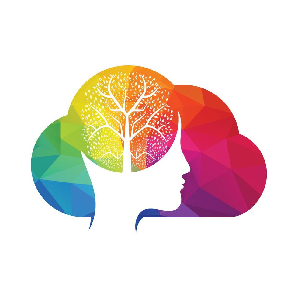 Female head with brain tree logo concept. Organic brain tree mind concept design. vector