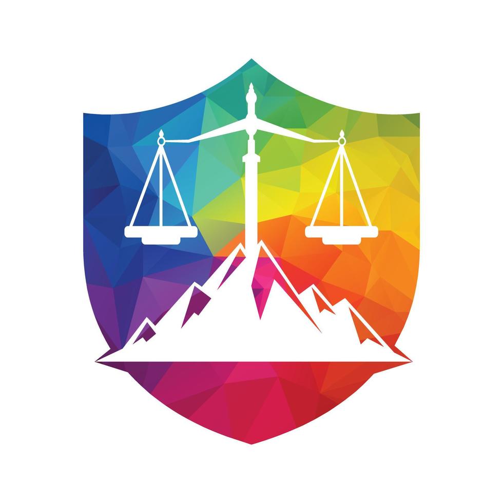 Mountains and symbols of justice. Law scale logo concept design. vector