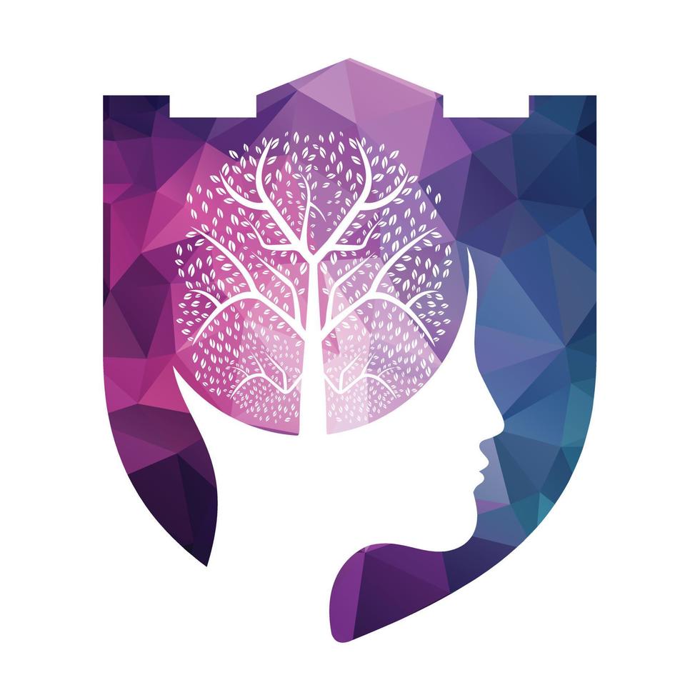 cabeza femenina con concepto de logo de árbol cerebral. diseño de concepto de mente de árbol de cerebro orgánico. vector