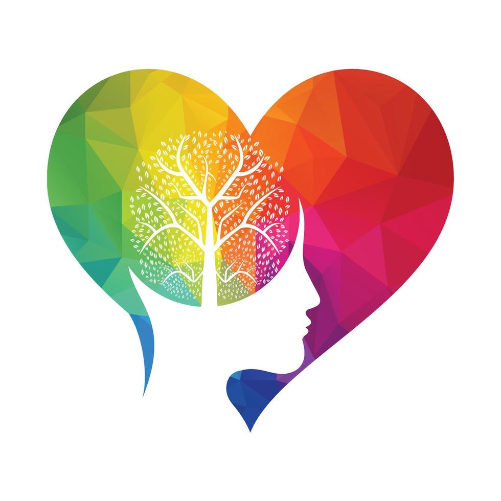 Female head with brain tree logo concept. Organic brain tree mind concept design. vector