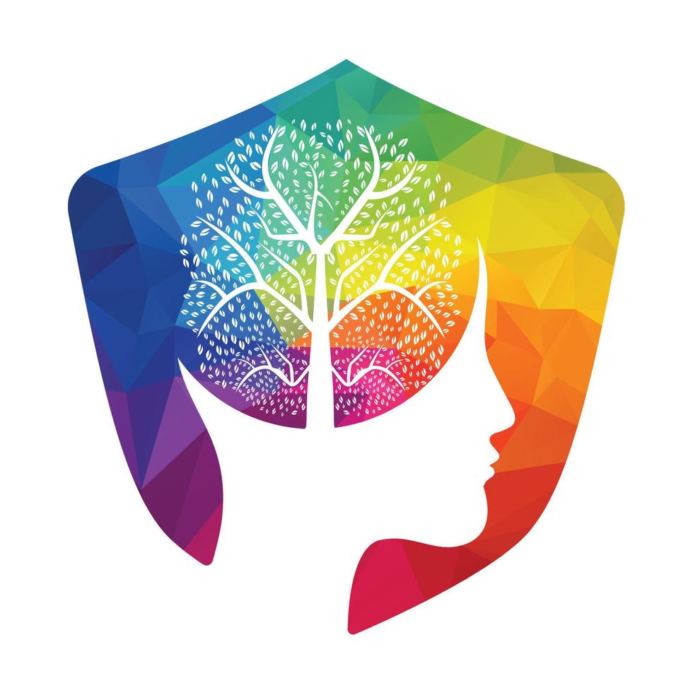 Female head with brain tree logo concept. Organic brain tree mind concept design. vector