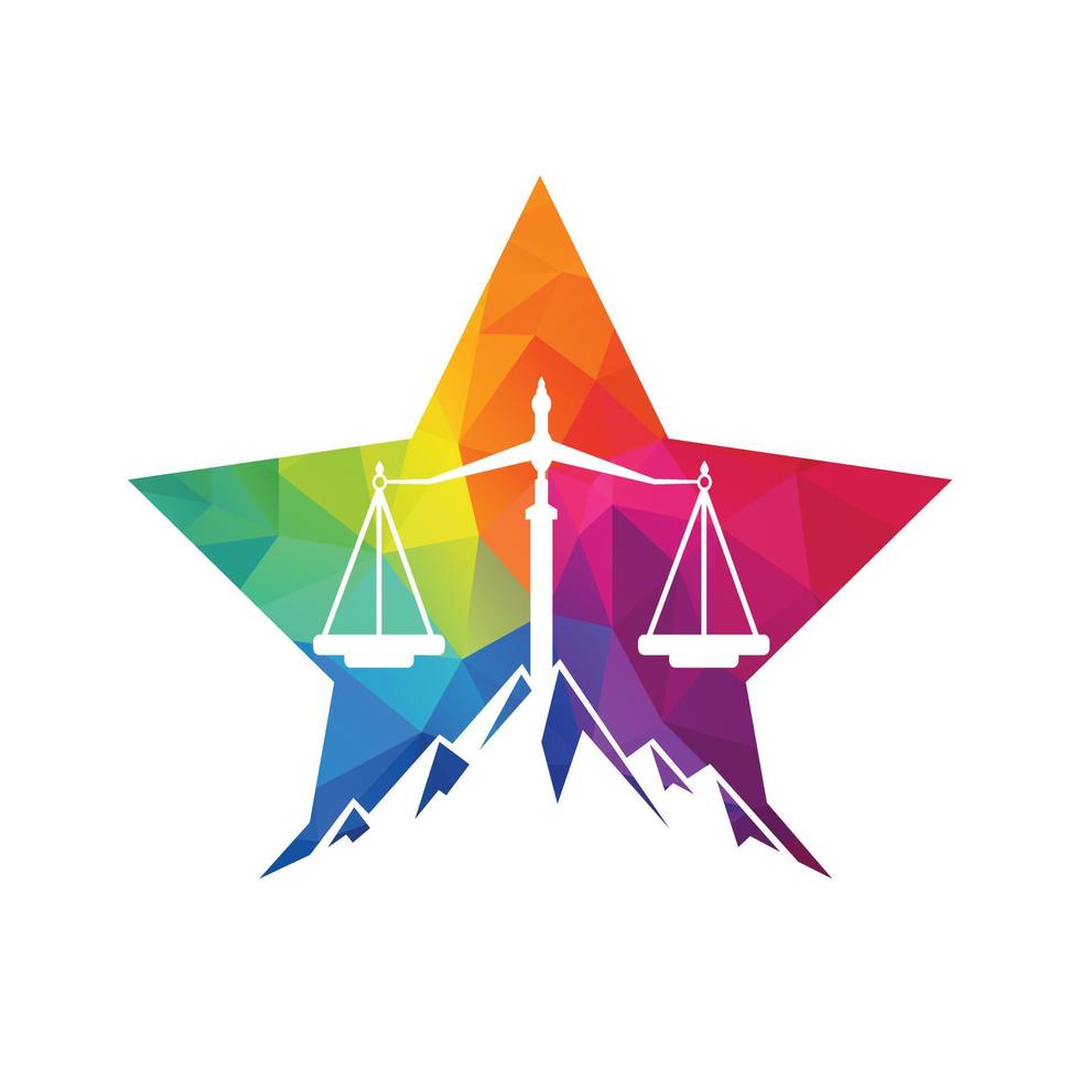 montañas y símbolos de justicia. diseño de concepto de logotipo de escala de ley. vector