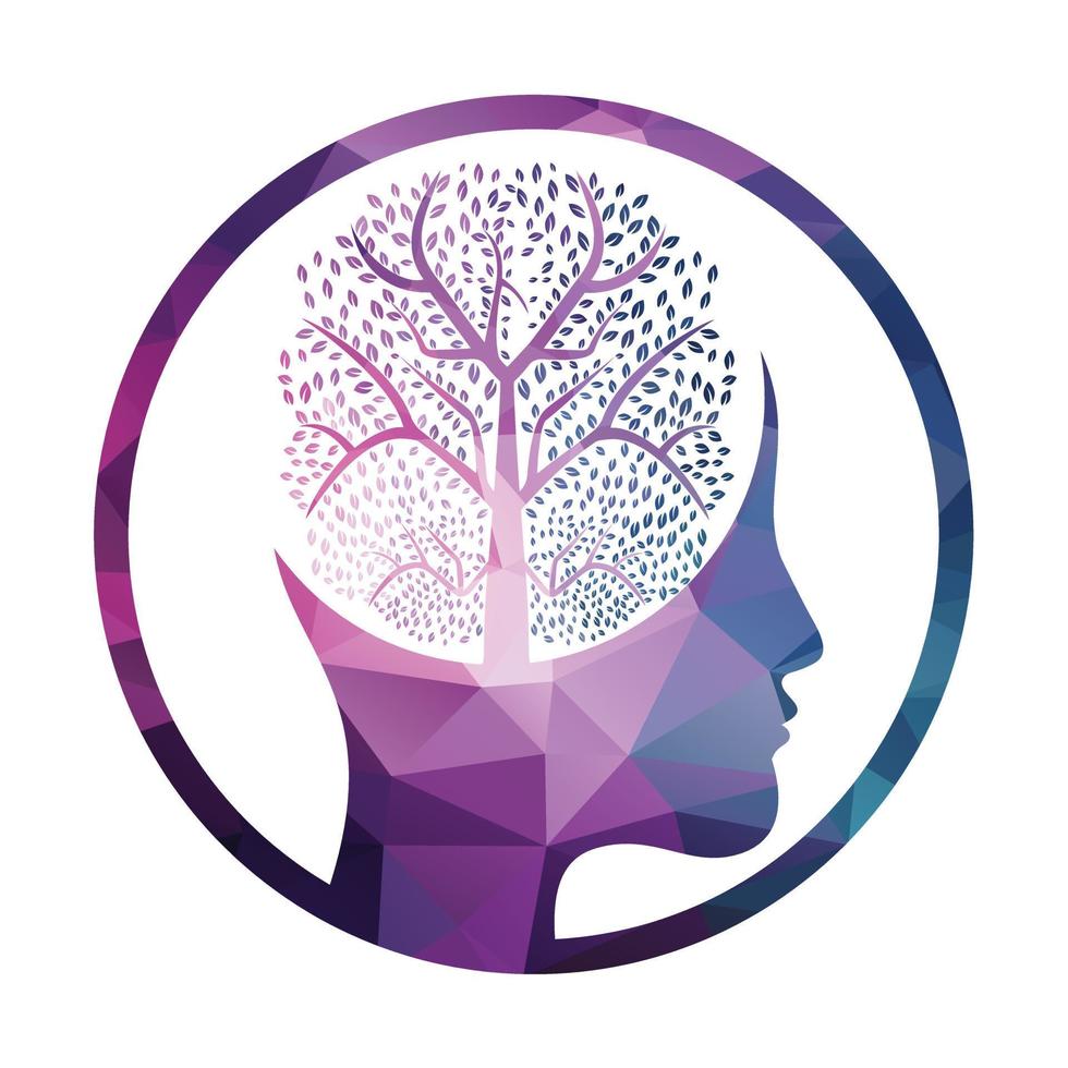 Female head with brain tree logo concept. Organic brain tree mind concept design. vector