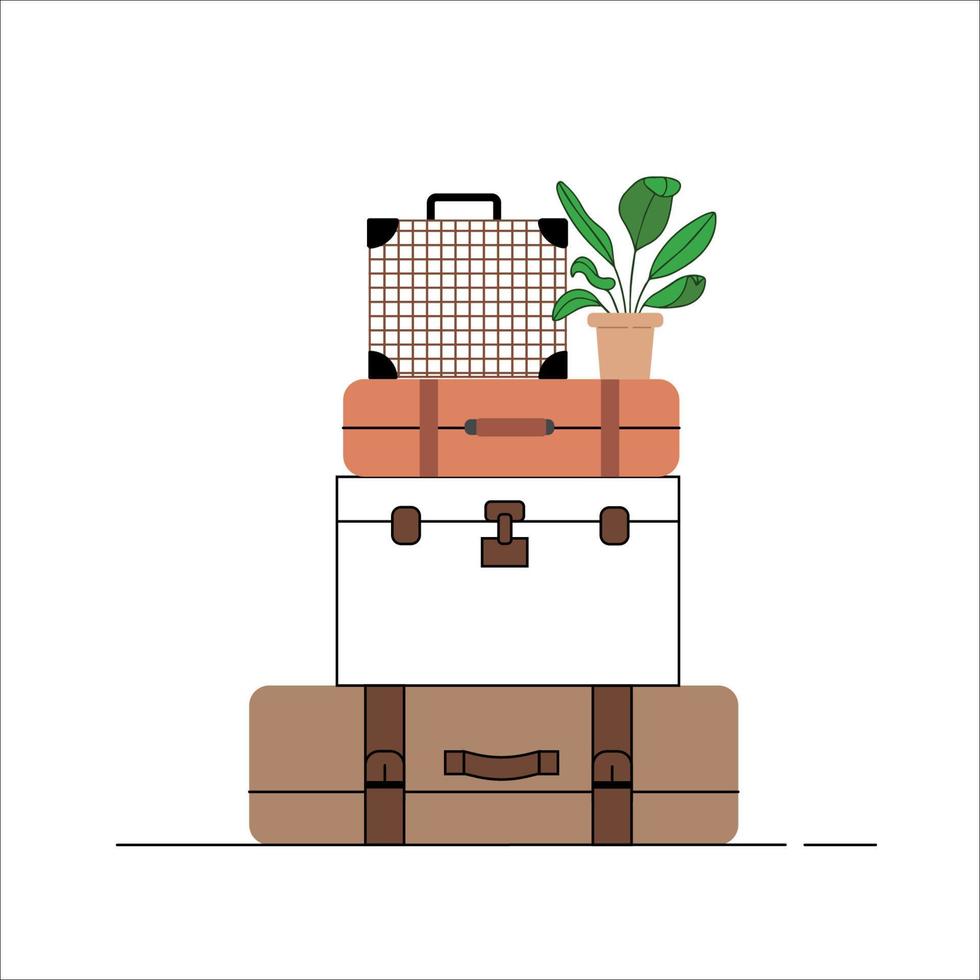 bolsas de equipaje grandes y apretadas. maleta retro y baúles. para turismo, equipaje, equipaje, concepto de viaje. ilustración vectorial en un estilo caricaturesco dibujado a mano sobre fondo blanco, icono, logotipo o clipart. vector