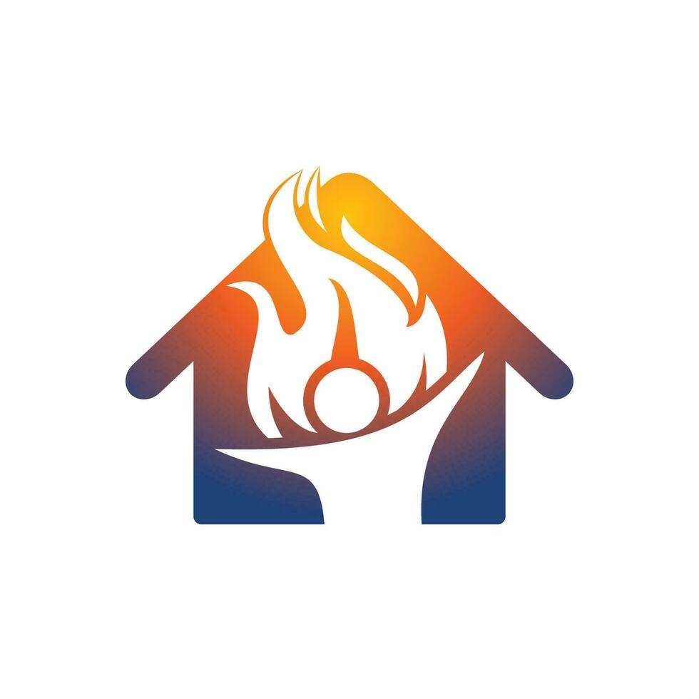 diseño de logo de vector de bombero y hogar. logotipo de personaje de llama roja. combinación de logotipo vectorial de un hombre y fuego.