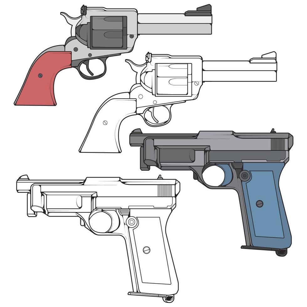 conjunto de armas de fuego militares o policiales de estilo vectorial, arma de fuego, ilustración de armas, línea vectorial, para entrenamiento vector