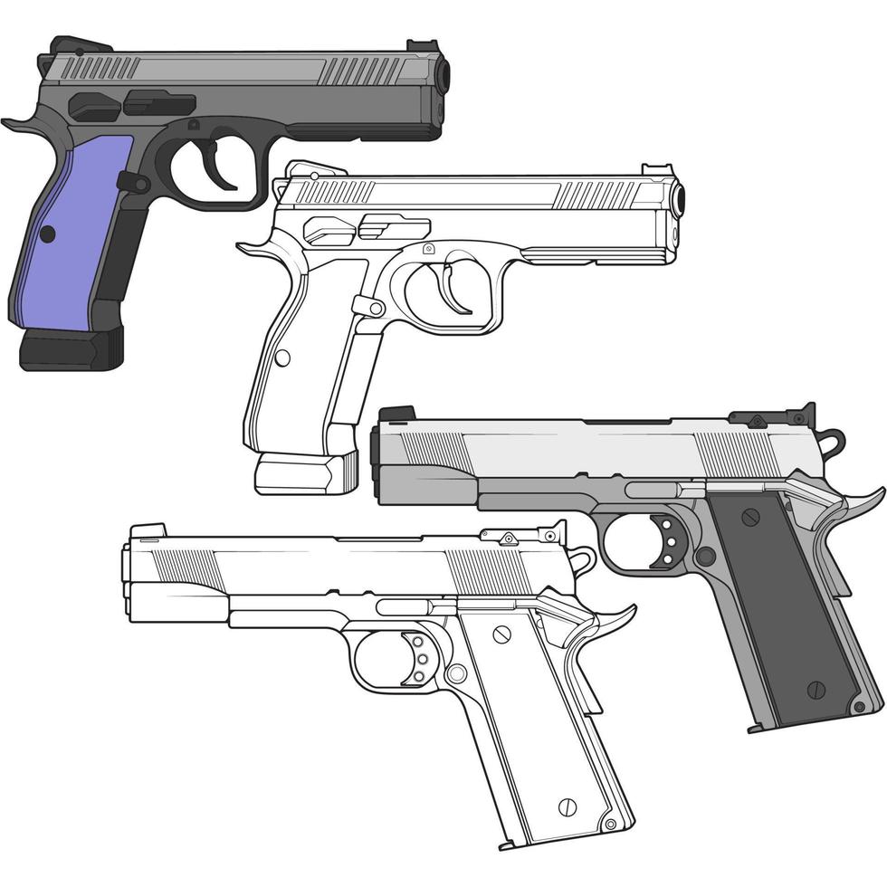 conjunto de armas de fuego militares o policiales de estilo vectorial, arma de fuego, ilustración de armas, línea vectorial, para entrenamiento vector