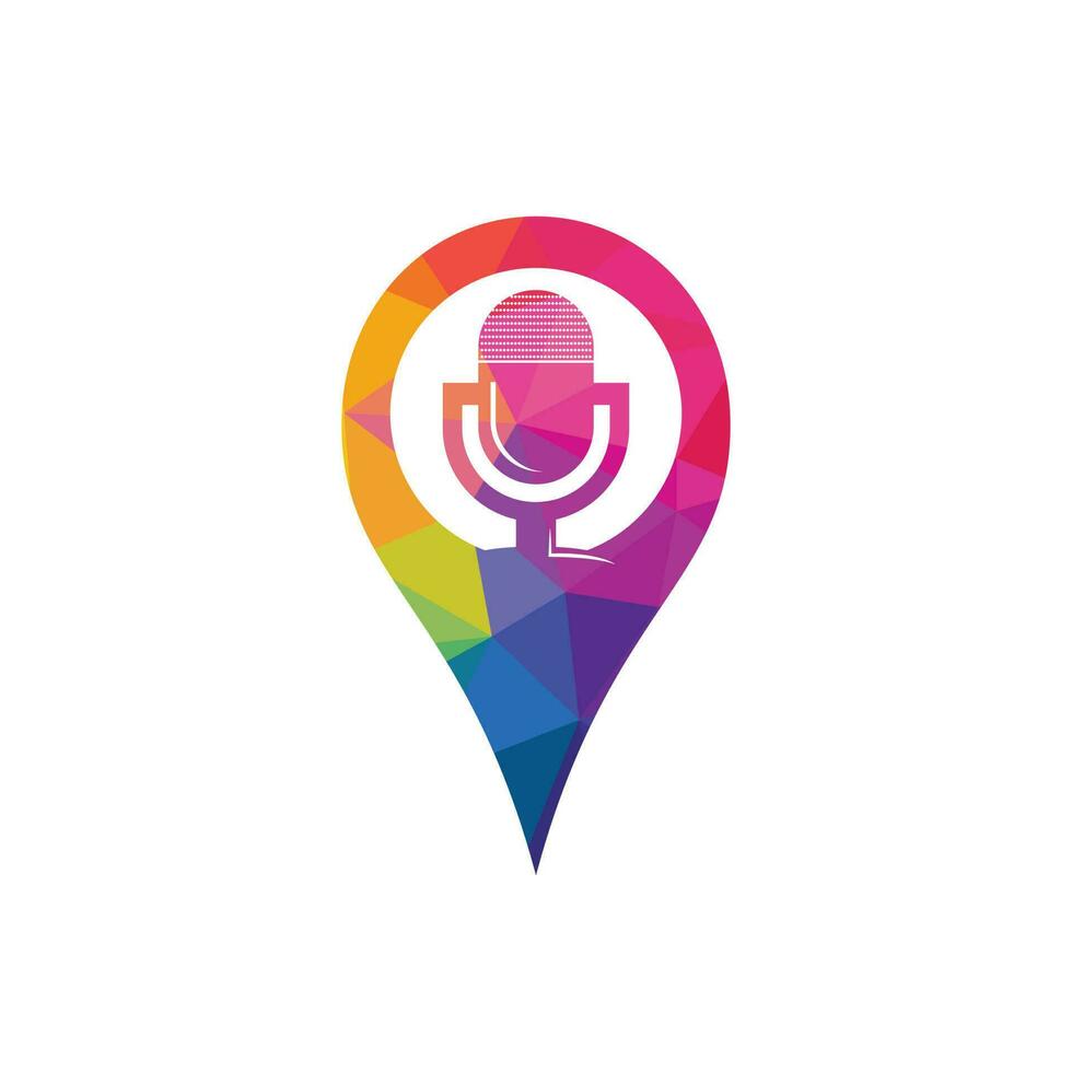 Podcast and map pin logo design. Studio table microphone with broadcast icon design. vector