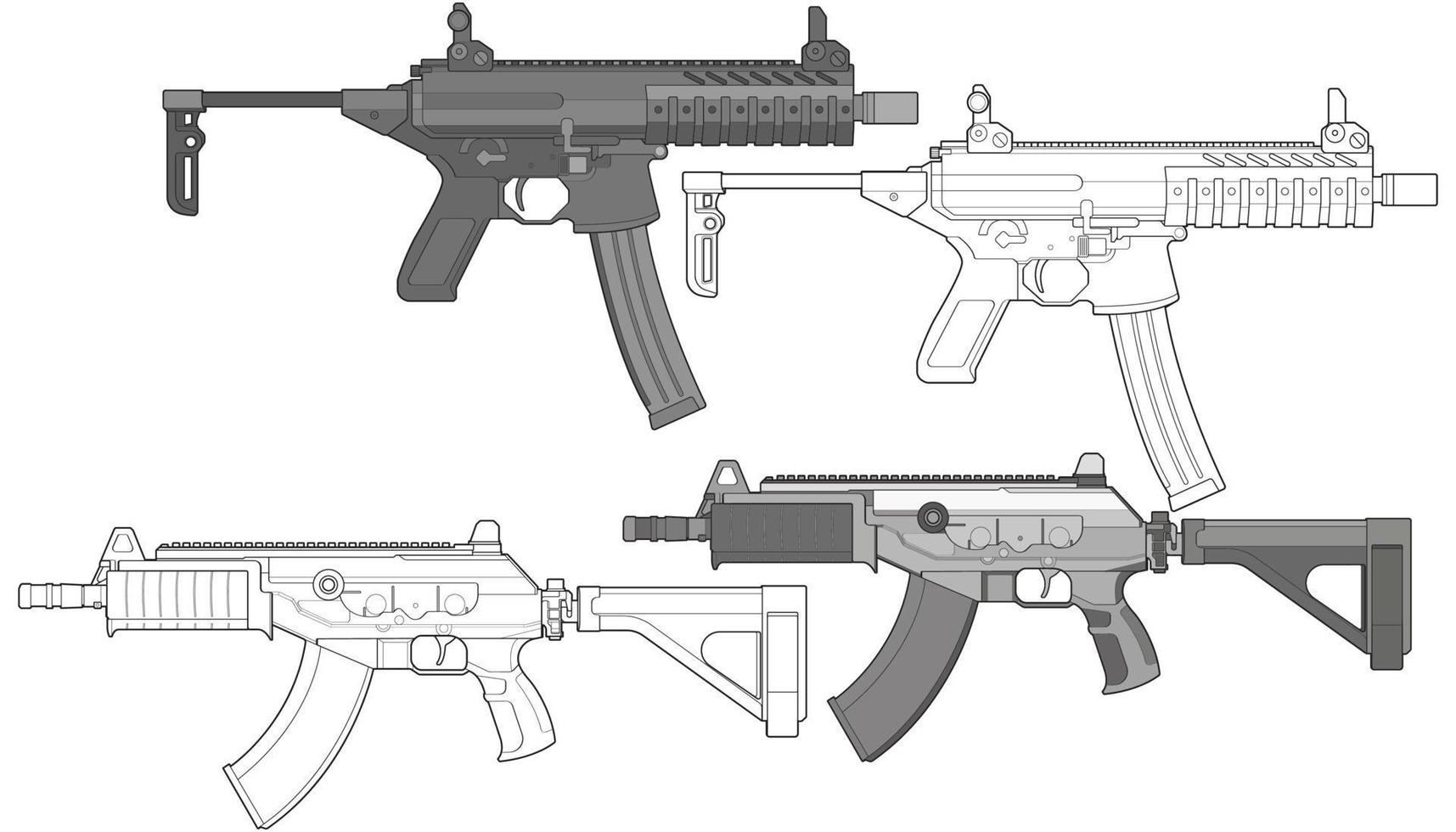 conjunto de armas de fuego militares o policiales de estilo vectorial, arma de fuego, ilustración de armas, línea vectorial, para entrenamiento vector