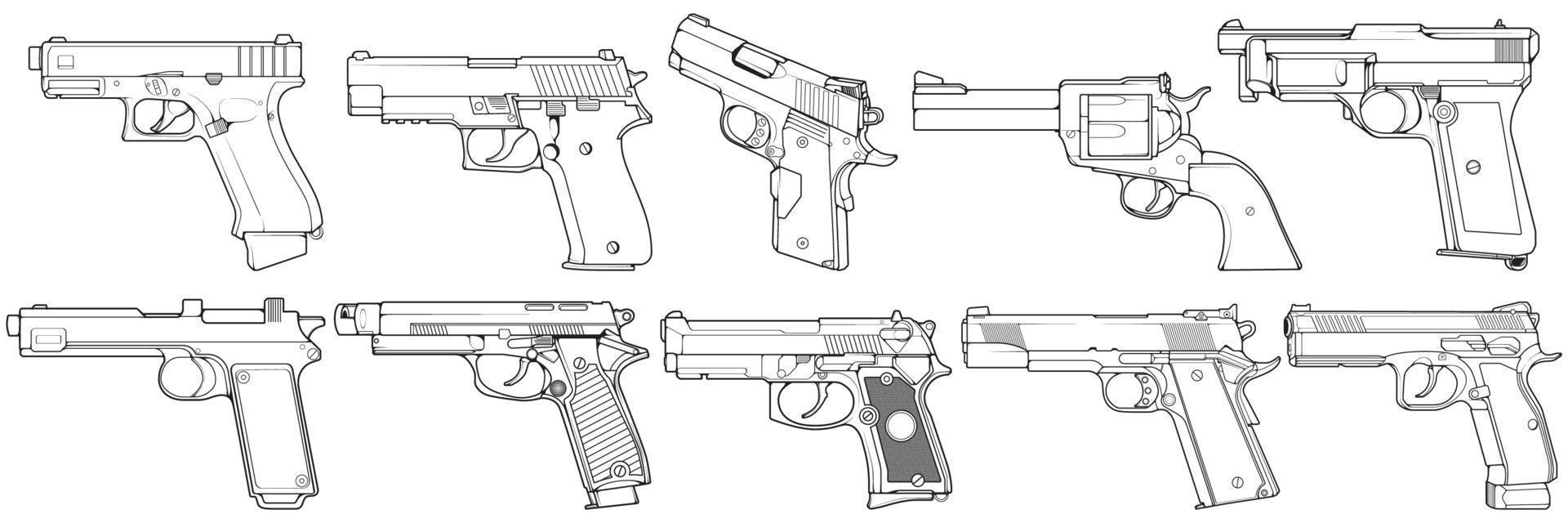 conjunto de pistola de pistola gráfica detallada en blanco y negro. aislado sobre fondo blanco. conjunto de vectores