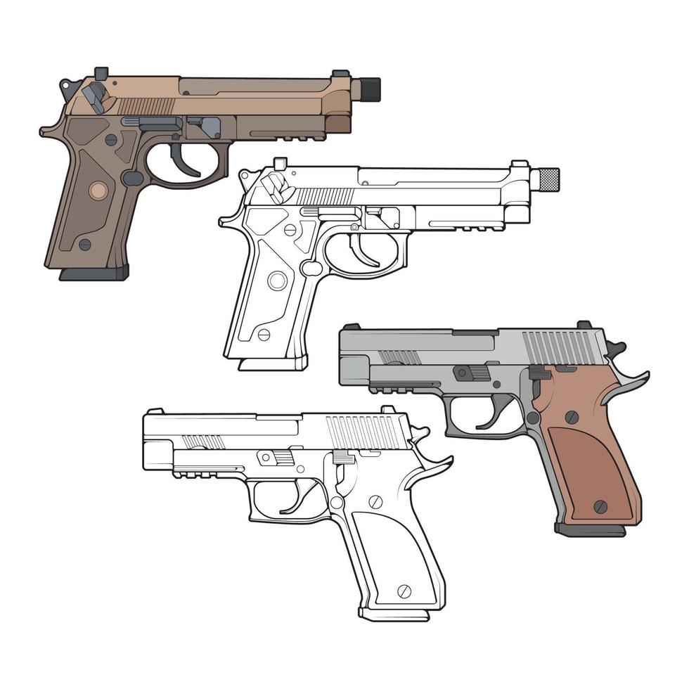 conjunto de armas de fuego militares o policiales de estilo vectorial, arma de fuego, ilustración de armas, línea vectorial, para entrenamiento vector