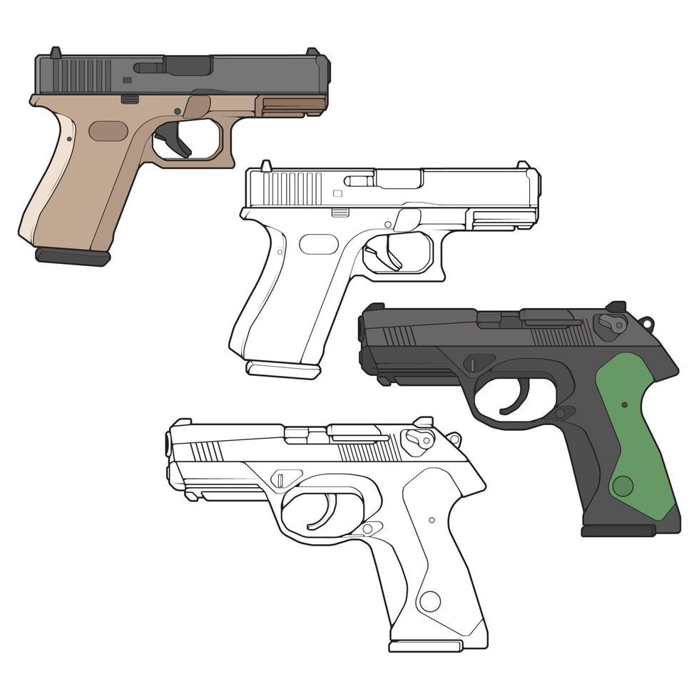 conjunto de armas de fuego militares o policiales de estilo vectorial, arma de fuego, ilustración de armas, línea vectorial, para entrenamiento vector