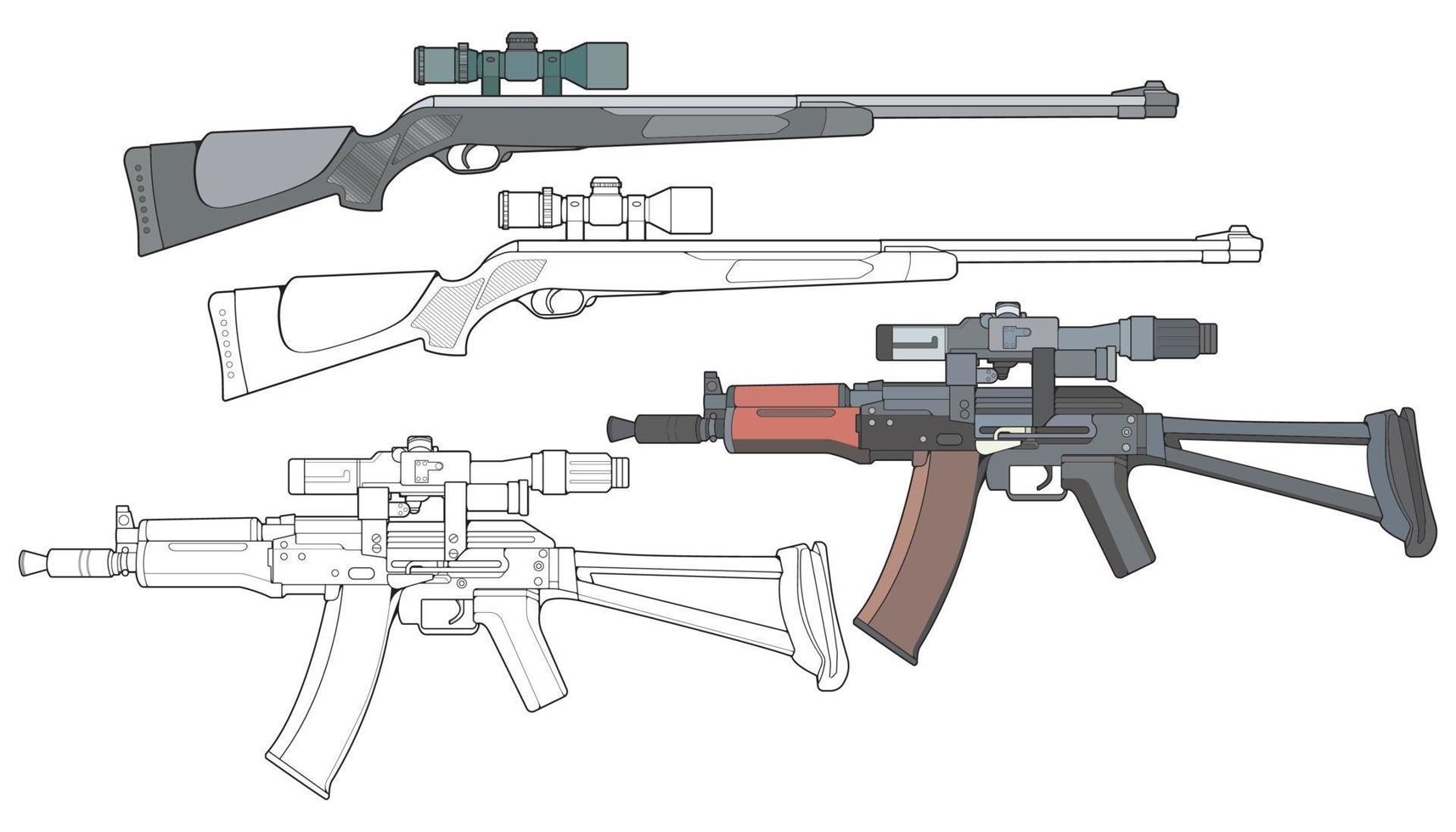 conjunto de armas de fuego militares o policiales de estilo vectorial, arma de fuego, ilustración de armas, línea vectorial, para entrenamiento vector