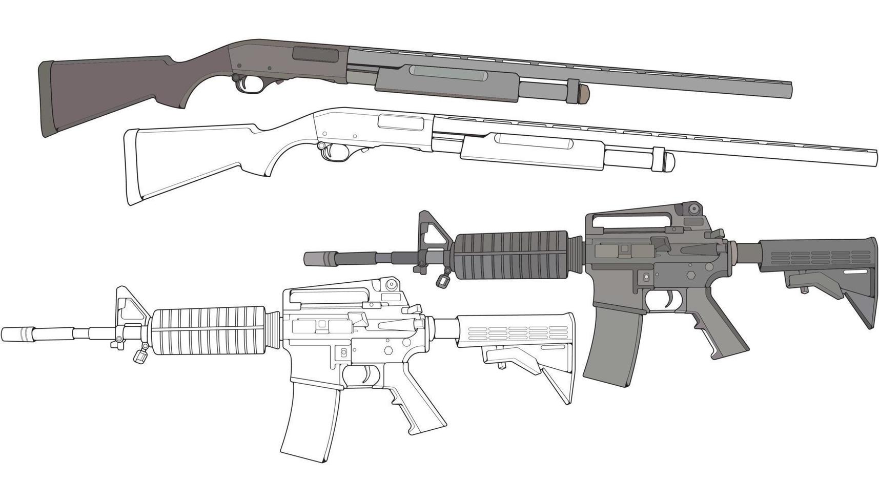 conjunto de armas de fuego militares o policiales de estilo vectorial, arma de fuego, ilustración de armas, línea vectorial, para entrenamiento vector