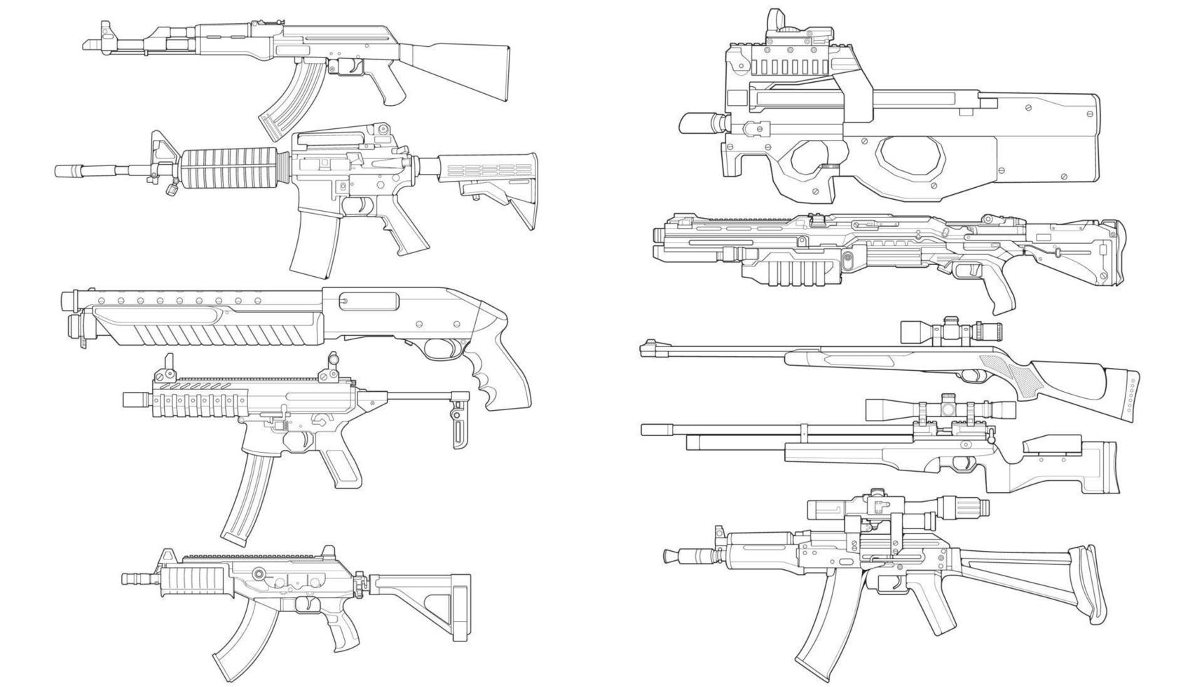 Set of graphic black and white detailed handgun pistol. Isolated on white background. Vector set.