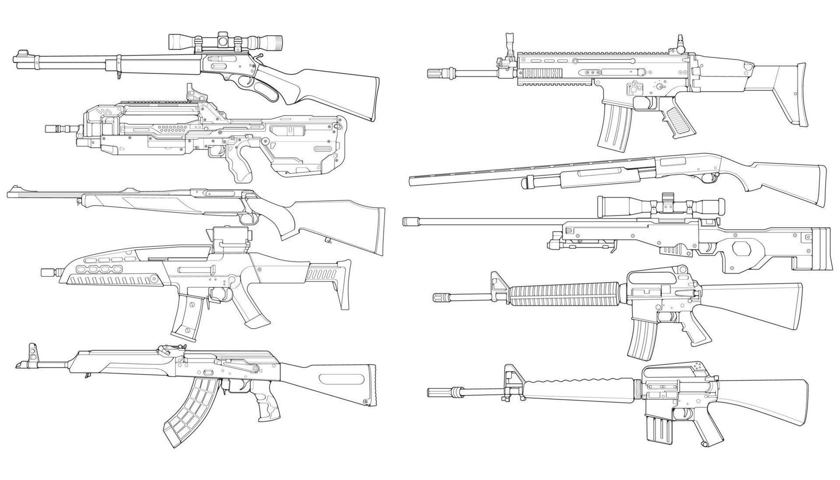 conjunto de pistola de pistola gráfica detallada en blanco y negro. aislado sobre fondo blanco. conjunto de vectores