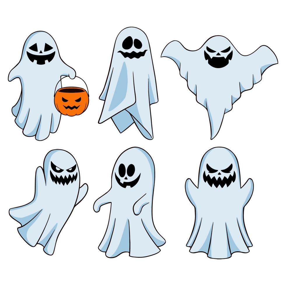 Set of halloween ghosts. Halloween scary spirits with pumpkins in different poses. Halloween ghosts isolated flat vector illustrations.