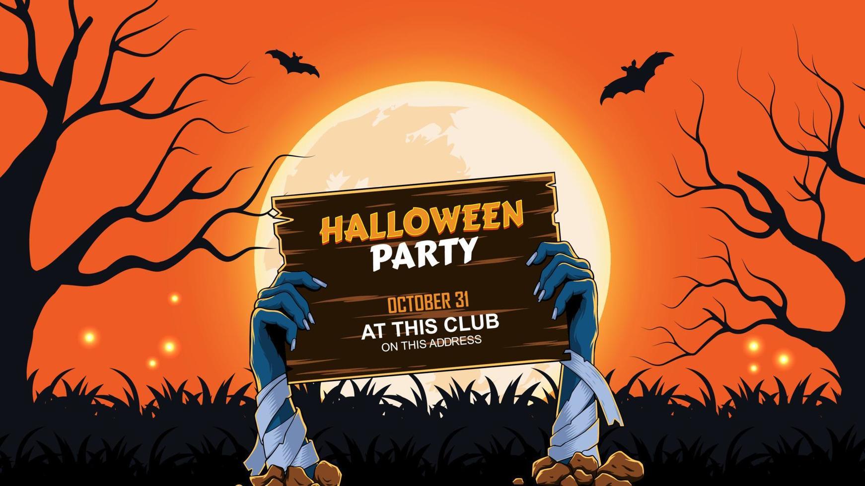 Halloween vector illustration - Dead Man's arms from the ground with invitation to zombie party. Editable halloween party template. Moon background