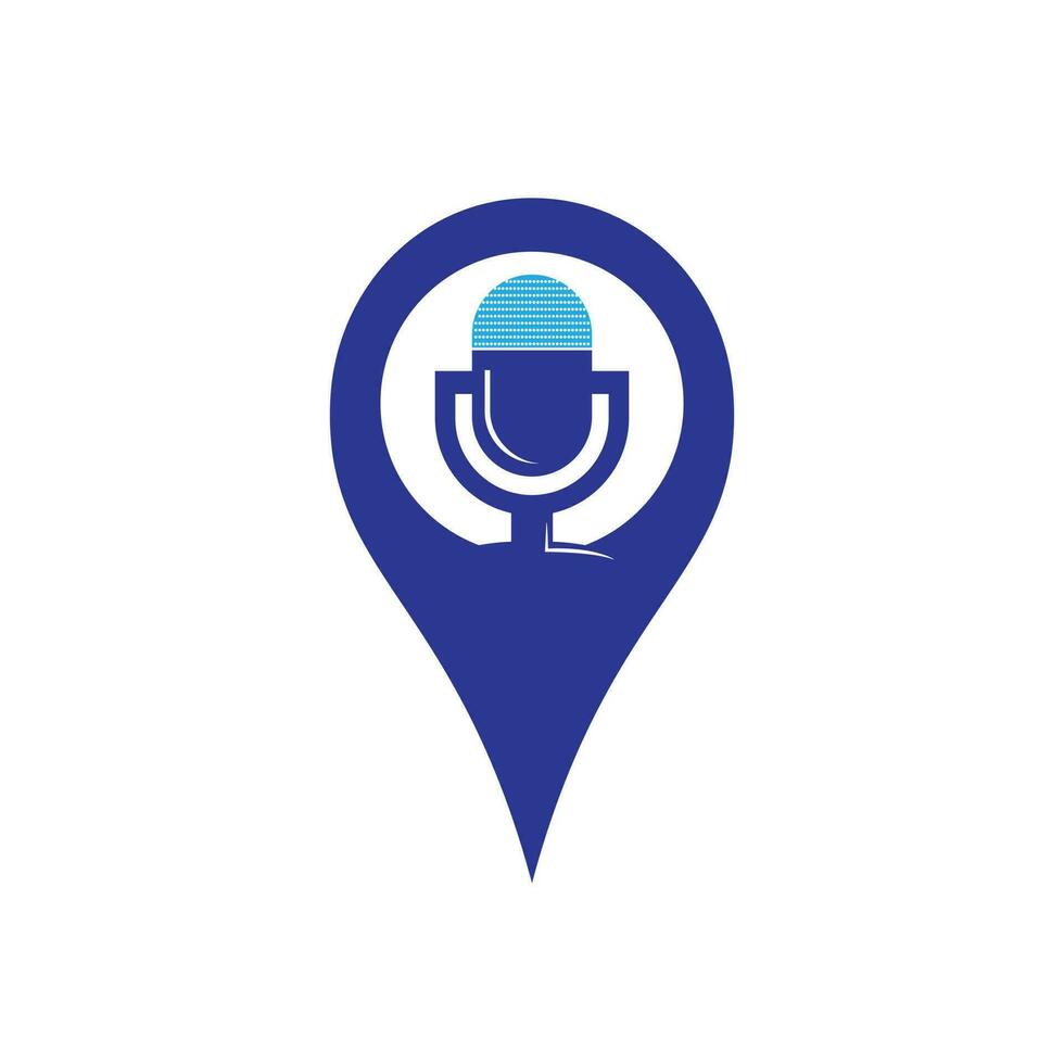 Podcast and map pin logo design. Studio table microphone with broadcast icon design. vector