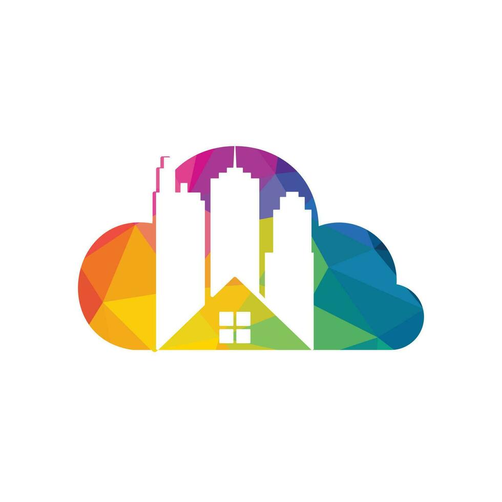 diseño de logotipo de vector de bienes raíces en la nube. diseño de logotipo de construcción y nube. logotipo de finca de construcción con rascacielos.