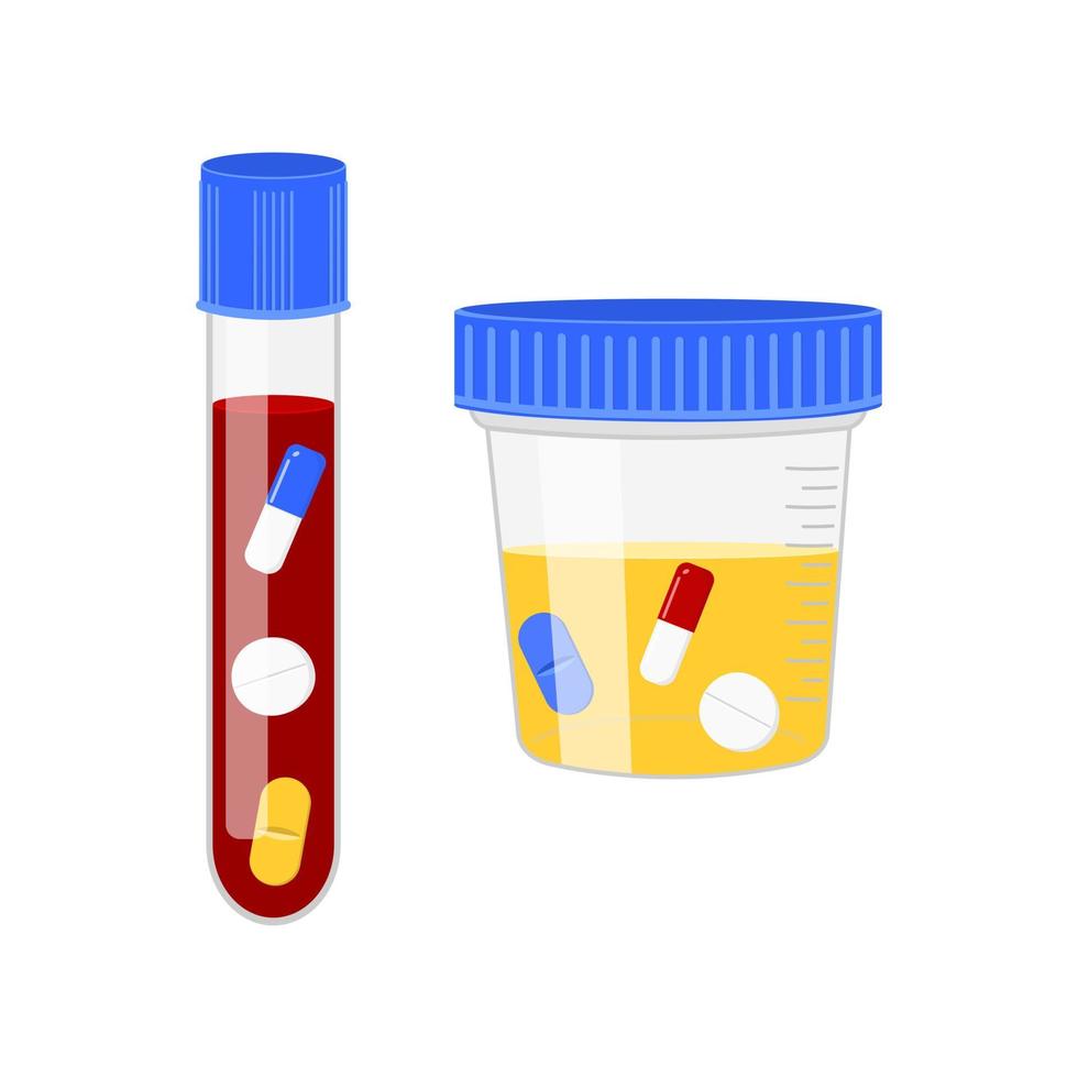 Blood and urine specimens with different drugs. Doping control in sport. Positive post accident drug testing concept vector