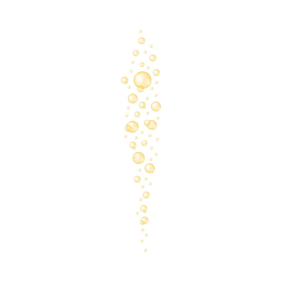 Golden bubbles streaming. Champagne, soda, beer, carbonated water, sparkling wine texture. Molecule of collagen, keratin, jojoba oil, vitamin A or E, omega fatty acids vector