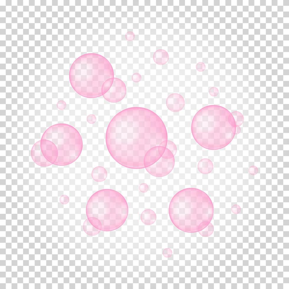 Floating pink bubbles on transparent background. Soap foam, bath suds, cleanser texture. Fizzy cherry or strawberry water. Bubble gum vector