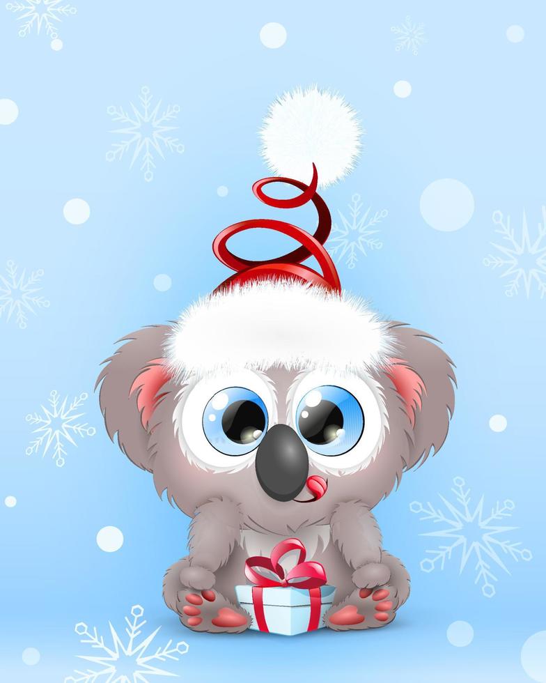 Cute fluffy cartoon koala in Santa hat with little Christmas gift  box. vector