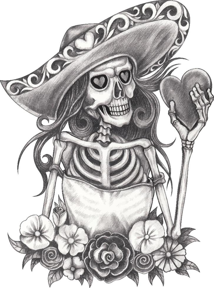Art mexican skull day of the dead. Hand drawing and make graphic vector. vector