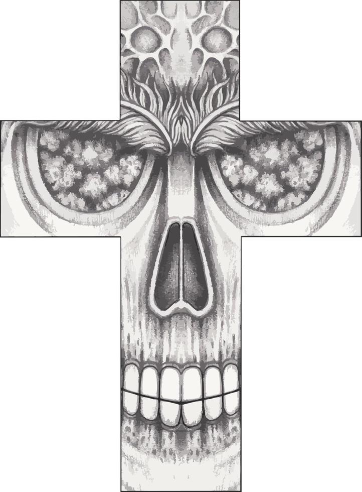 cruz de calavera surrealista de arte. dibujo a mano y hacer vector gráfico.