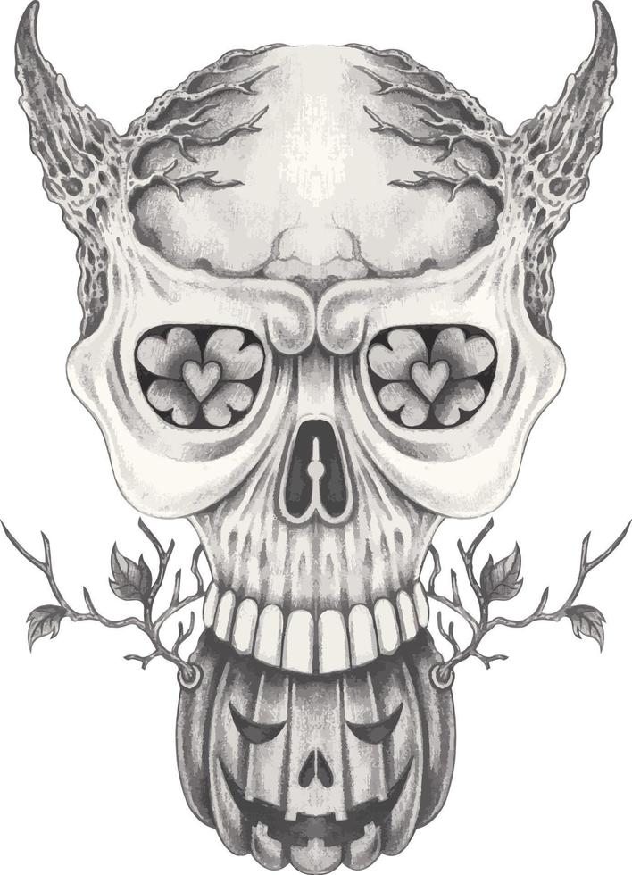 Art fantasy surreal pumpkin mic devil skull. Hand drawing and make graphic vector. vector