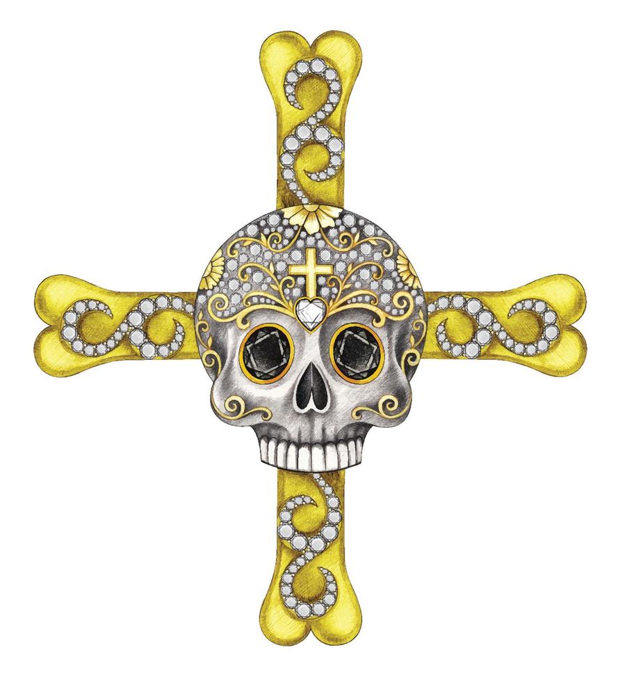 gemas de diseño de joyas y diamantes engastados con huesos cruzados de cráneo de lujo. dibujo a mano y hacer vector gráfico.