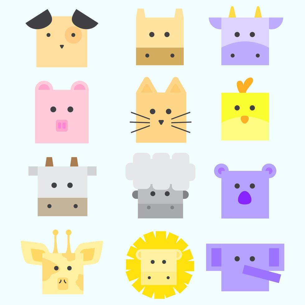 mascota de cara animal con forma de caja. hay perros, cerdos, vacas, jirafas, tigres, elefantes, gatos vector