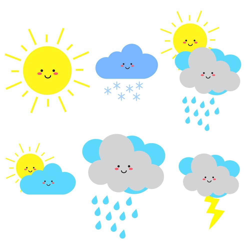 Vector set of cute weather characters - clouds, , thunderstorm, tornado, snow, rain, sun and crescent moon. Kawaii weather characters isolated on a white background. Vector illustration of flat style