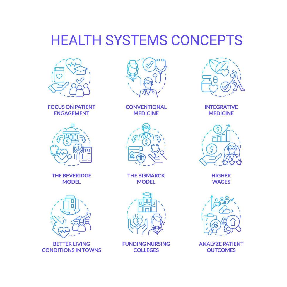 conjunto de iconos de concepto de gradiente azul de sistemas de salud. ideas de transformación de la atención médica ilustraciones en color de línea delgada. medicina integrativa. símbolos aislados. vector