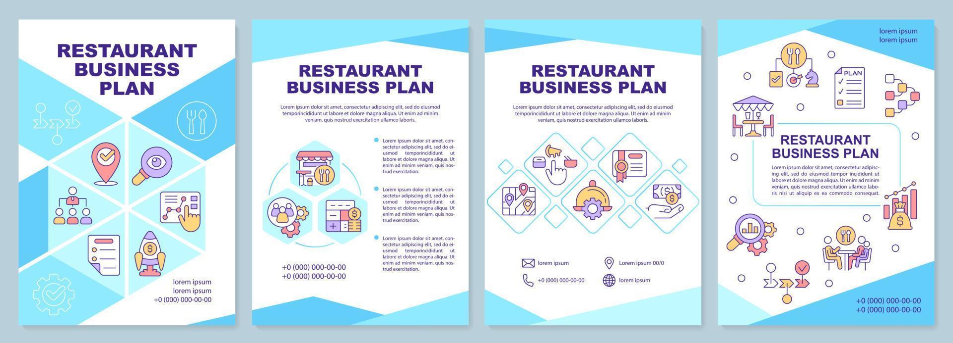 Restaurant business plan brochure template. Increasing revenue. Leaflet design with linear icons. Editable 4 vector layouts for presentation, annual reports.