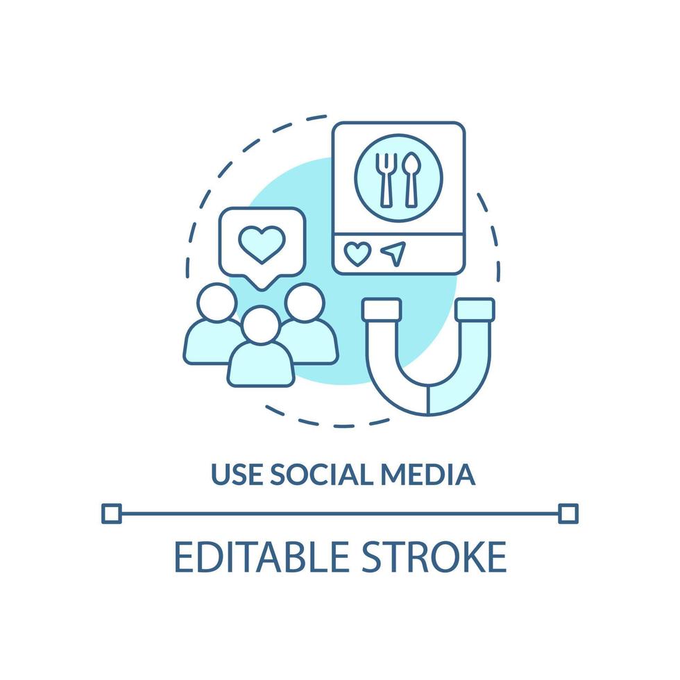 Use social media turquoise concept icon. Attract customers to restaurant abstract idea thin line illustration. Isolated outline drawing. Editable stroke. vector